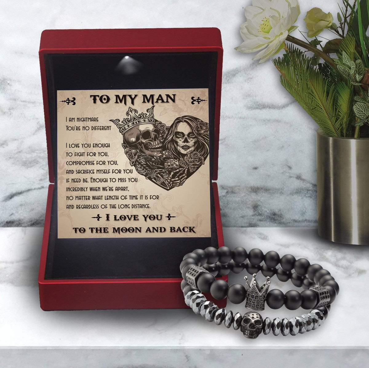 Couple Crown and Skull Bracelets - Skull & Tattoos - To Couple - I Love You To The Moon And Back - Gbu26010