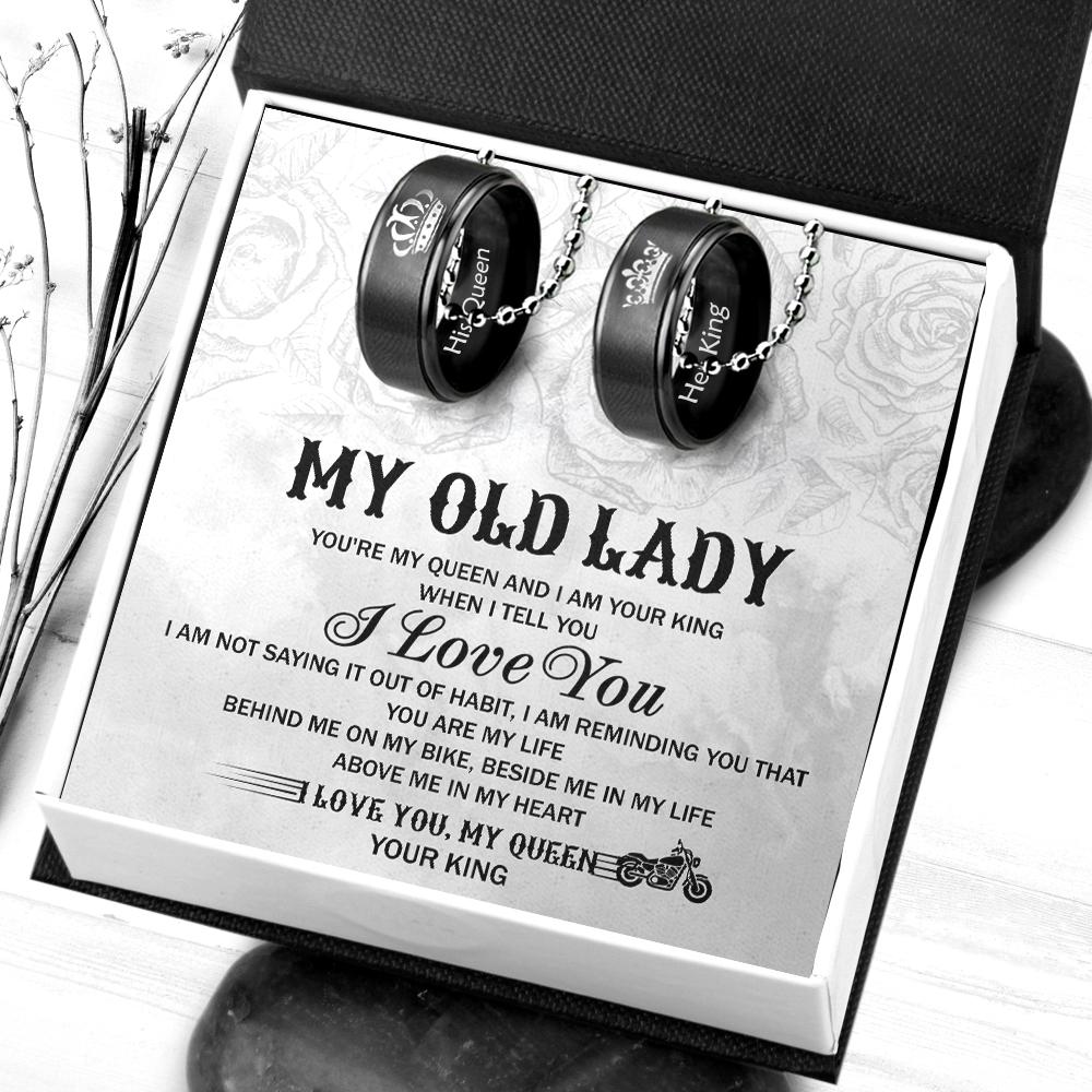 Couple Pendant Necklaces - Her King His Queen Crown Letter Necklaces - For Biker's Old Lady - Gnw13001