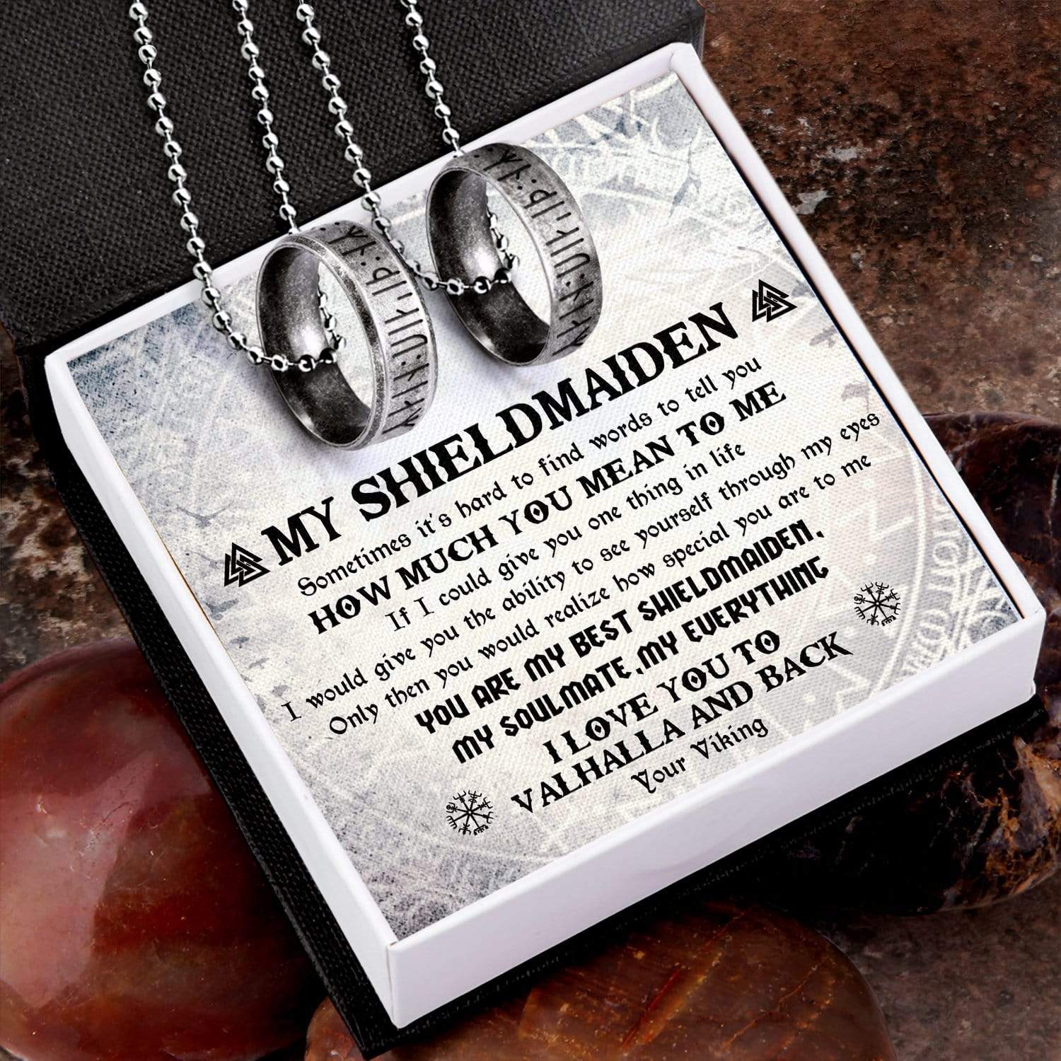 Couple Rune Ring Necklaces - My Shieldmaiden - I Love You To Valhalla And Back - Gndx13003
