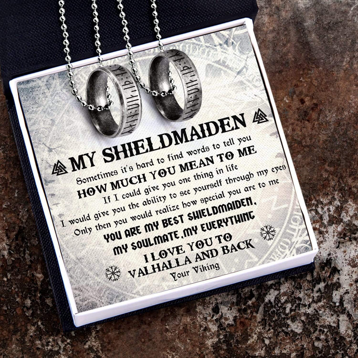 Couple Rune Ring Necklaces - My Shieldmaiden - I Love You To Valhalla And Back - Gndx13003