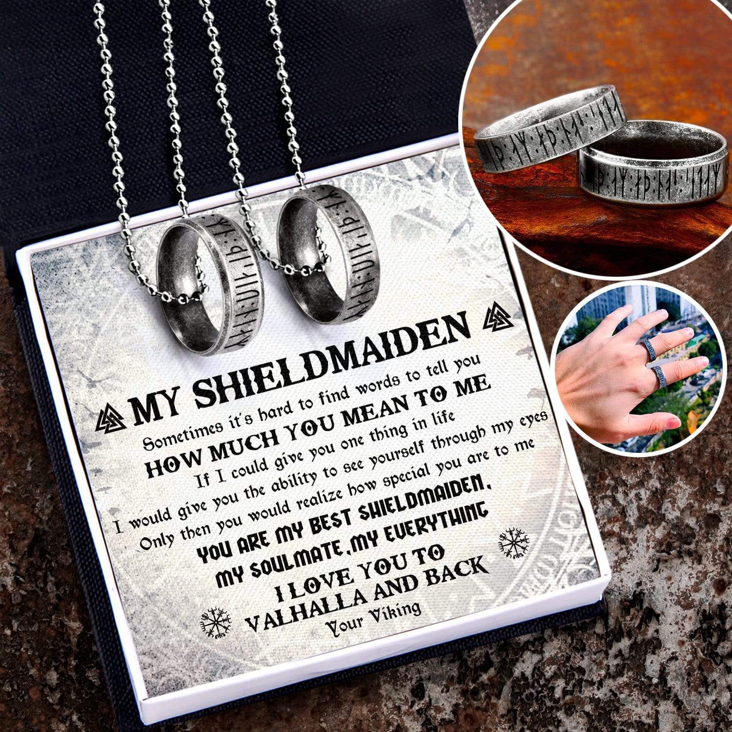 Couple Rune Ring Necklaces - My Shieldmaiden - I Love You To Valhalla And Back - Gndx13003