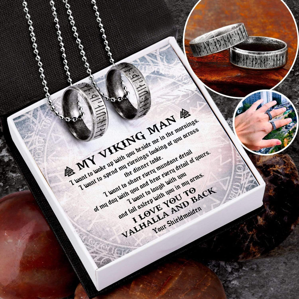 Couple Rune Ring Necklaces - My Viking Man - I Love You To Valhalla And Back - Gndx26002