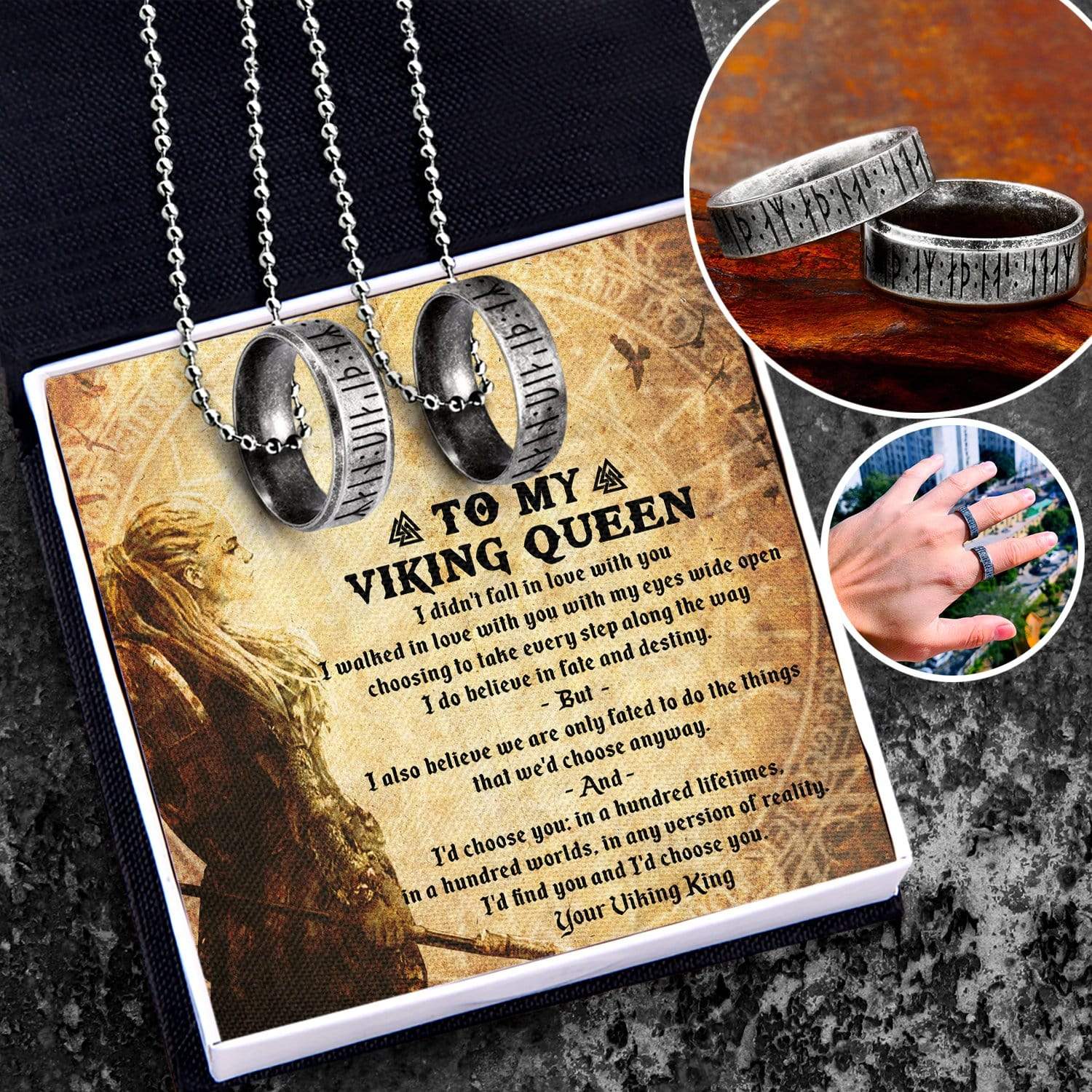 Couple Rune Ring Necklaces - My Viking Queen - I'd Find You And I'd Choose You - Gndx13002