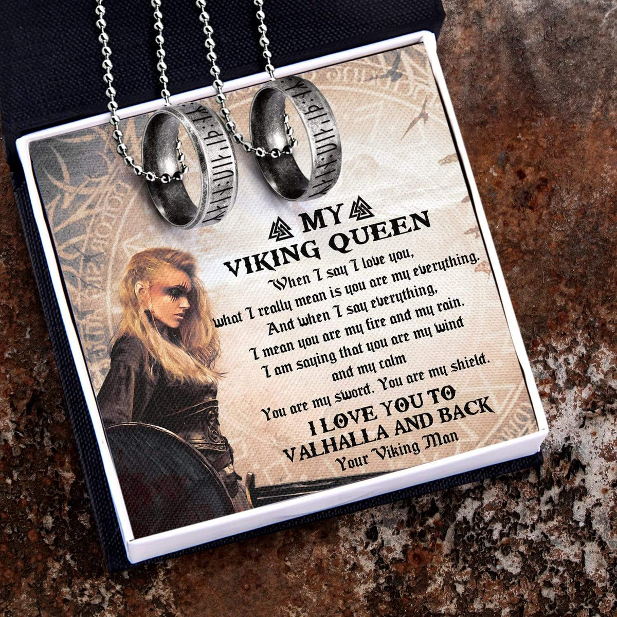 Couple Rune Ring Necklaces - My Viking Queen - I Love You To Valhalla And Back - Gndx13001
