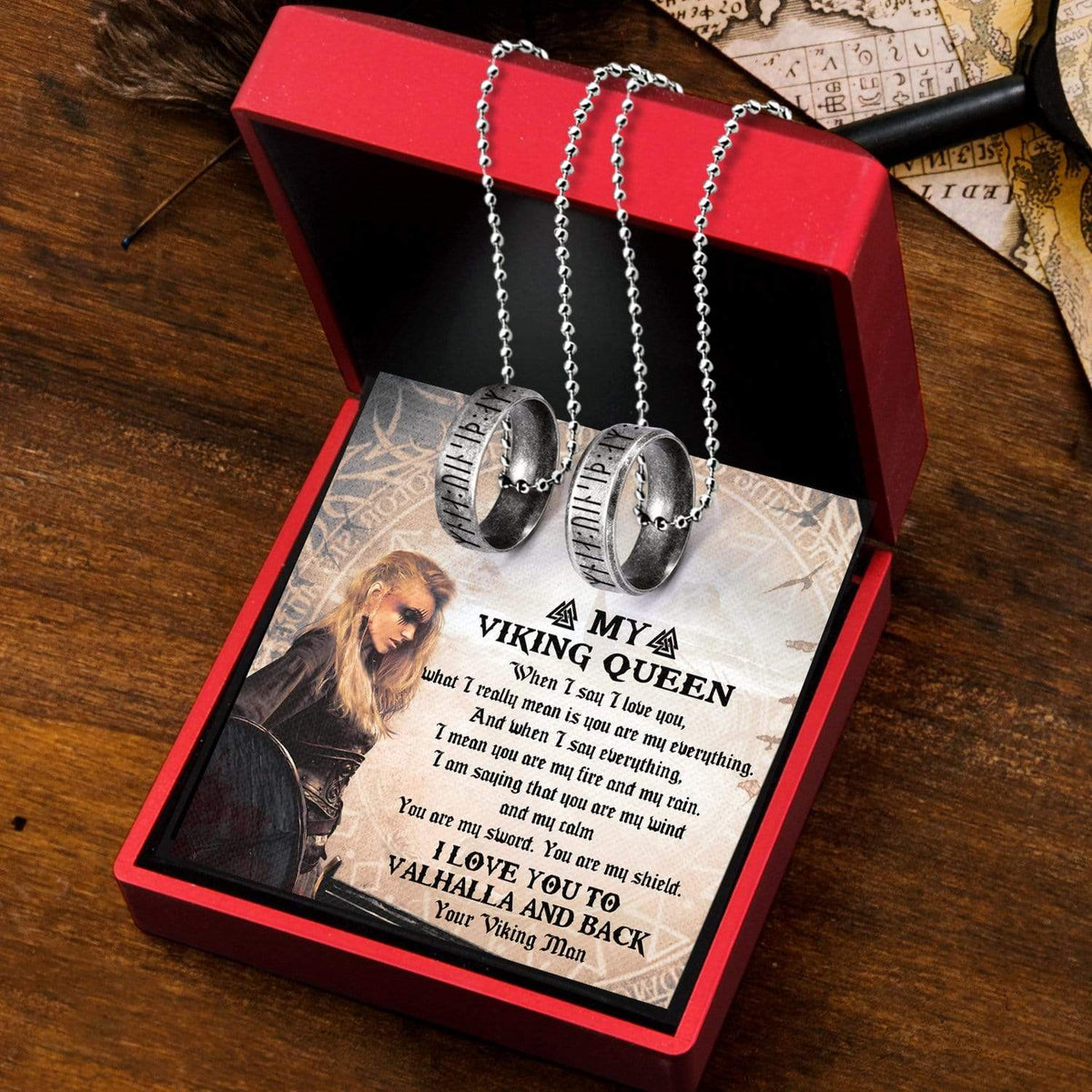 Couple Rune Ring Necklaces - My Viking Queen - I Love You To Valhalla And Back - Gndx13001