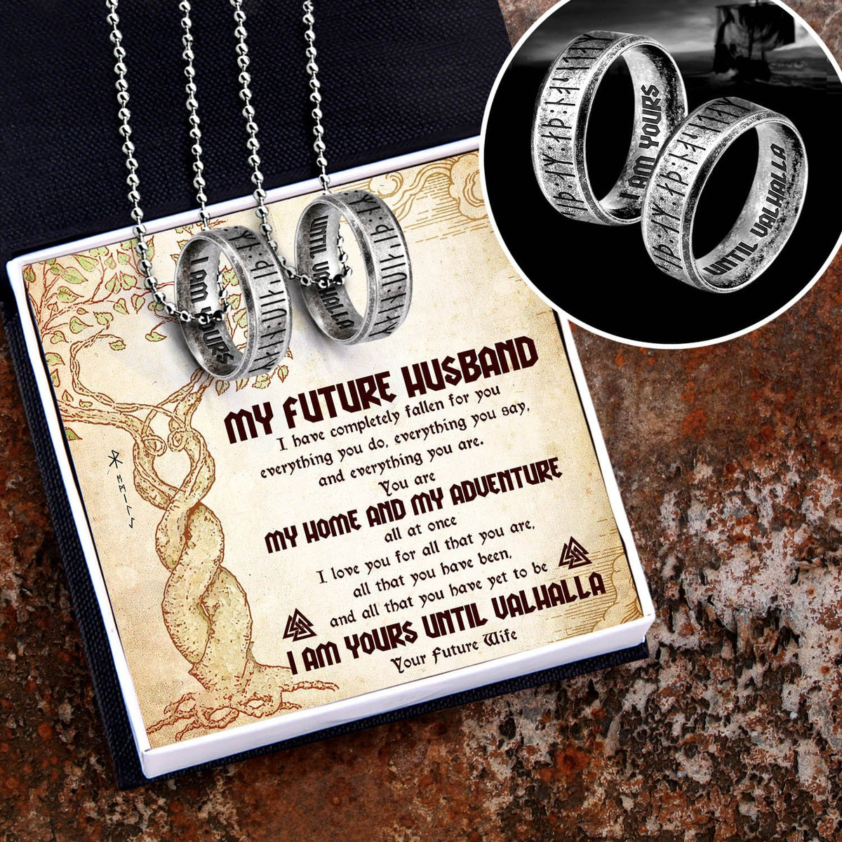 Couple Rune Ring Necklaces - Viking - To My Future Husband - I Am Yours Until Valhalla - Gndx24001