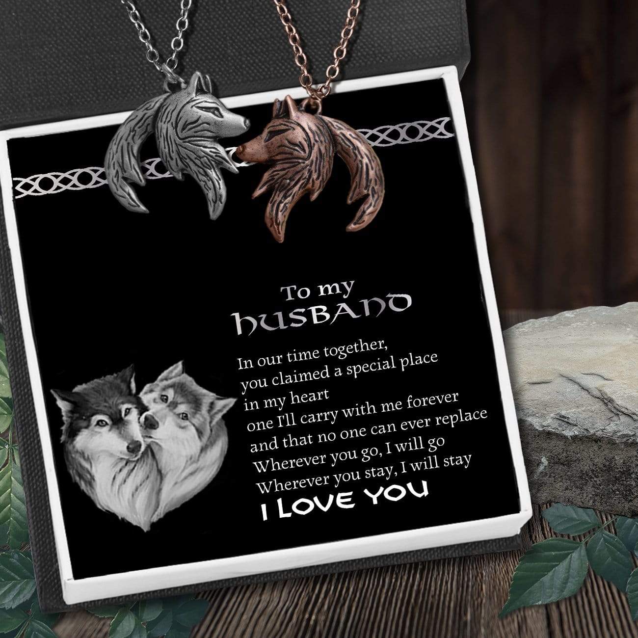 Couple Wolf Pendant Necklaces - To My Husband - Wherever You Stay, I Will Stay - Gnbd14003