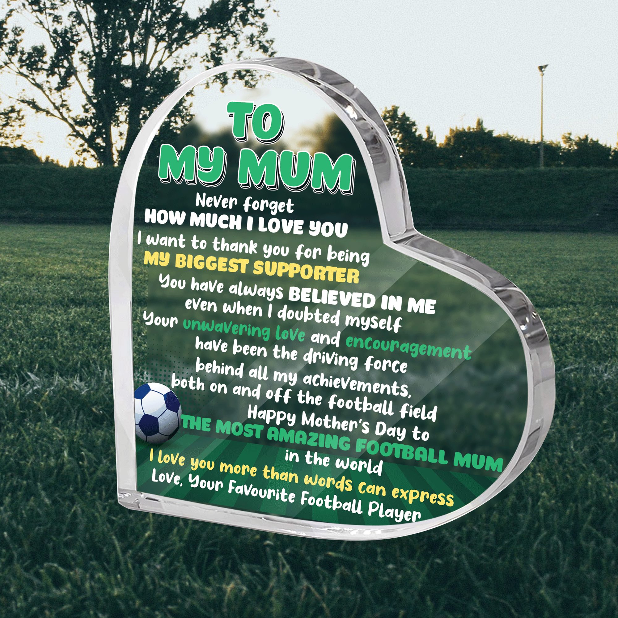Crystal Plaque Heart Shape - Football - To My Mum - I Want To Thank You For Being My Biggest Supporter - Gznf19011