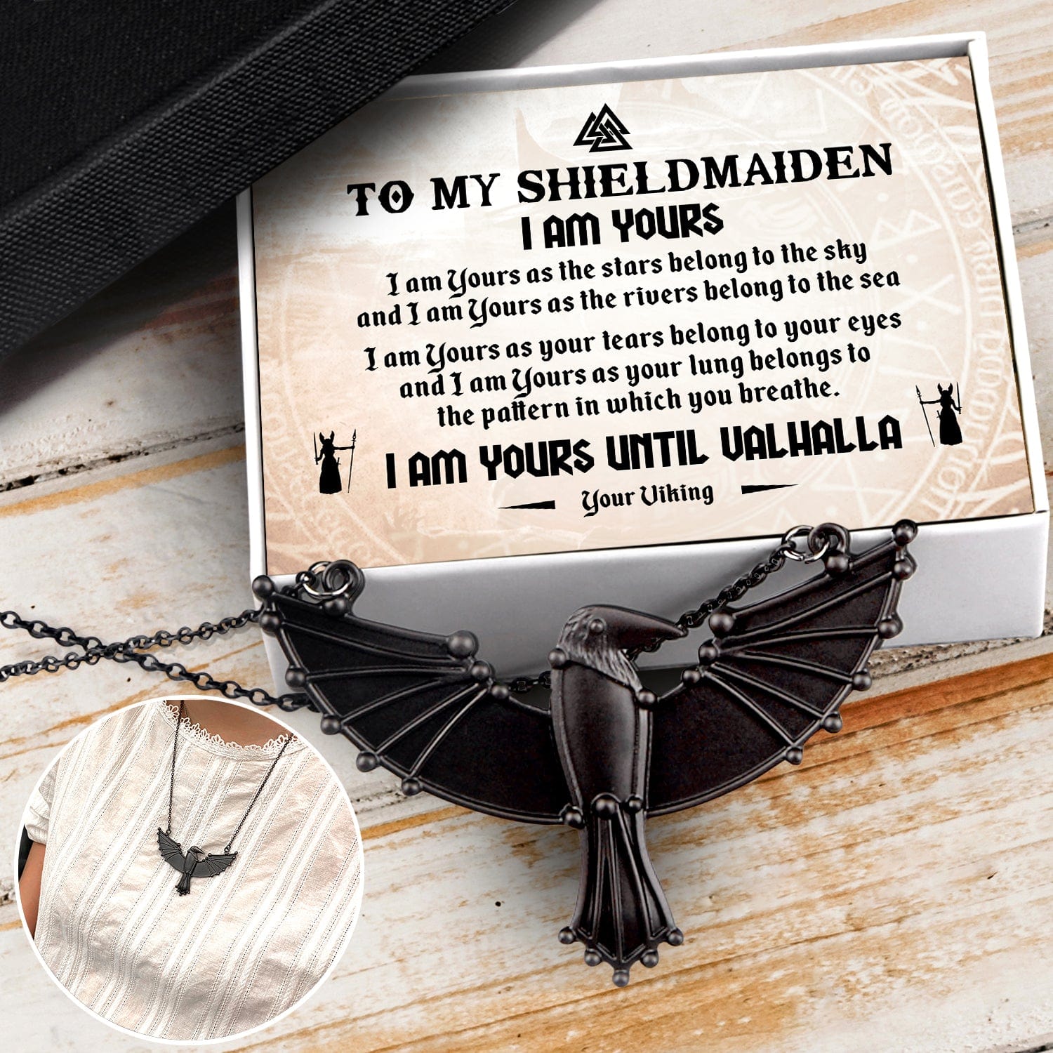 Dark Raven Necklace - Viking - My Shieldmaiden - I Love You Until Valhalla - Gncm13016