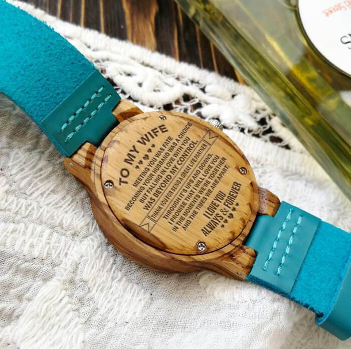 Engraved Wooden Watch Sky Blue Leather - To My Wife - Great Life Partner -  Q1901