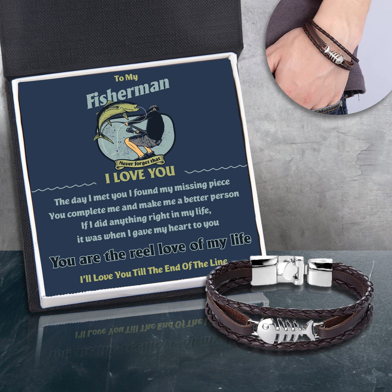 Fish Leather Bracelet - Fishing - To My Fisherman - I'll Love You Till The End Of The Line - Gbzp26005