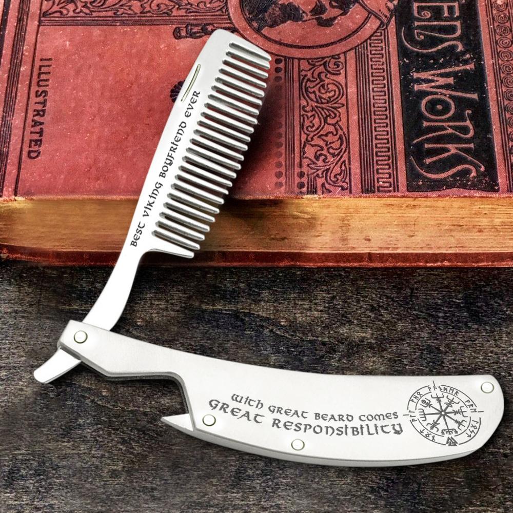 Folding Comb - Best Viking Boyfriend Ever - With Great Beard Comes Great Responsibility - Gec12001