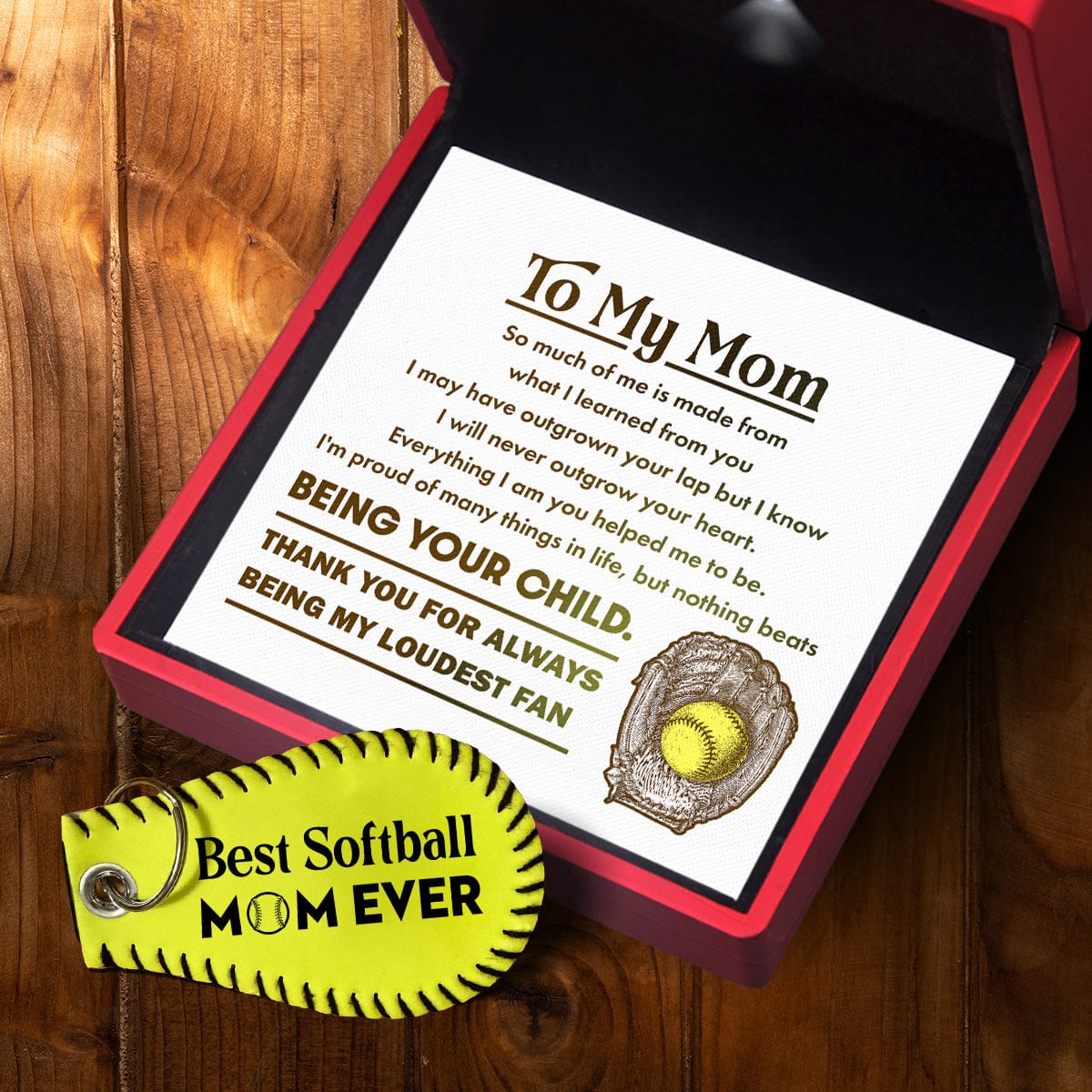 Handmade Leather Softball Keychain - Softball - To My Mom - Everything I Am You Helped Me To Be - Gkqc19001