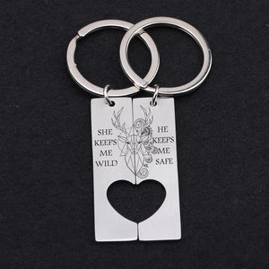 Heart Couple Keychains - Hunting Lovers - She Keeps Me Wild - He Keeps Me Safe - Gkh14023