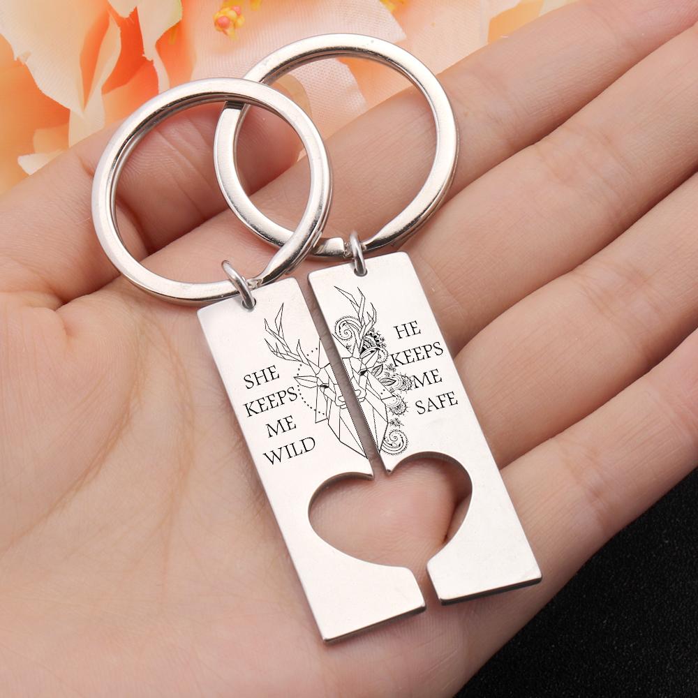 Heart Couple Keychains - Hunting Lovers - She Keeps Me Wild - He Keeps Me Safe - Gkh14023