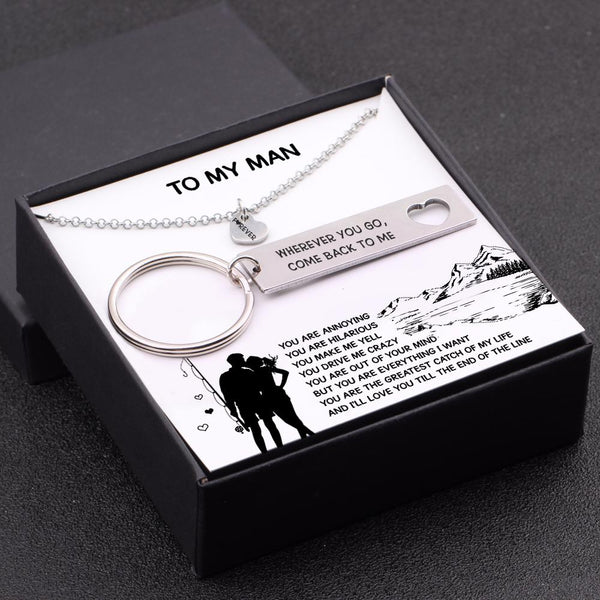 Heart Necklace & Keychain Gift Set - Fishing Lovers - To My Man