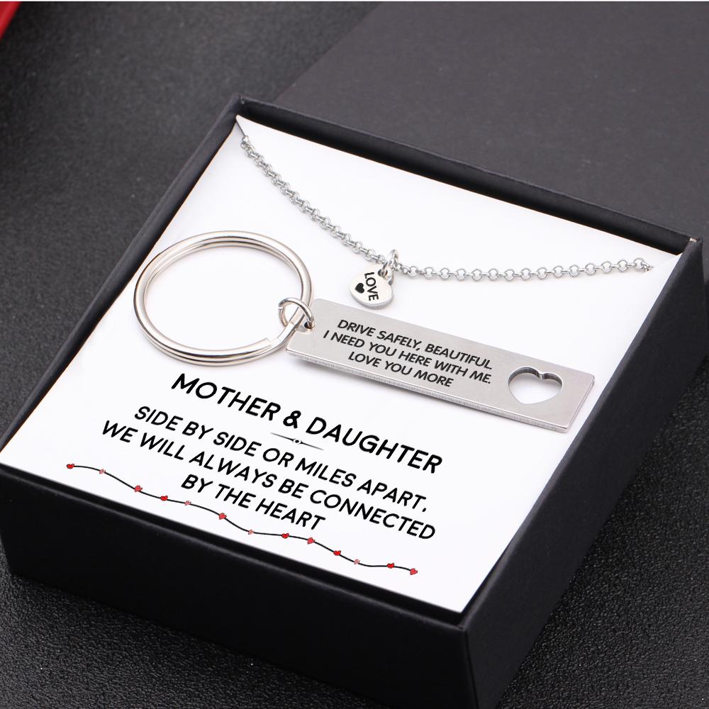 Heart Necklace & Keychain Gift Set - Mother And Daughter Always Be Connected - Gnc19005