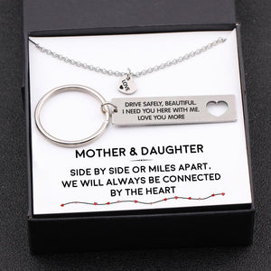 Heart Necklace & Keychain Gift Set - Mother And Daughter Always Be Connected - Gnc19005