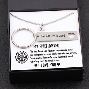 Heart Necklace & Keychain Gift Set - My Firefighter - All Of My Lasts To Be With You - Gnc26015