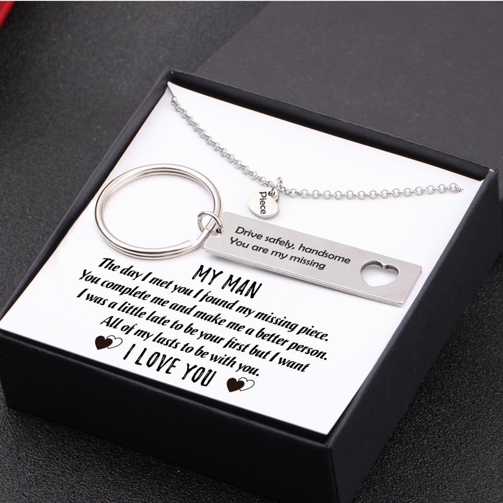 Heart Necklace & Keychain Gift Set - My Man - Drive Safely - I Want All Of My Lasts To Be With You - Gnc26008