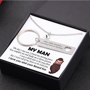 Heart Necklace & Keychain Gift Set - My Man - I Am Always Here For The Beard - Gnc26027