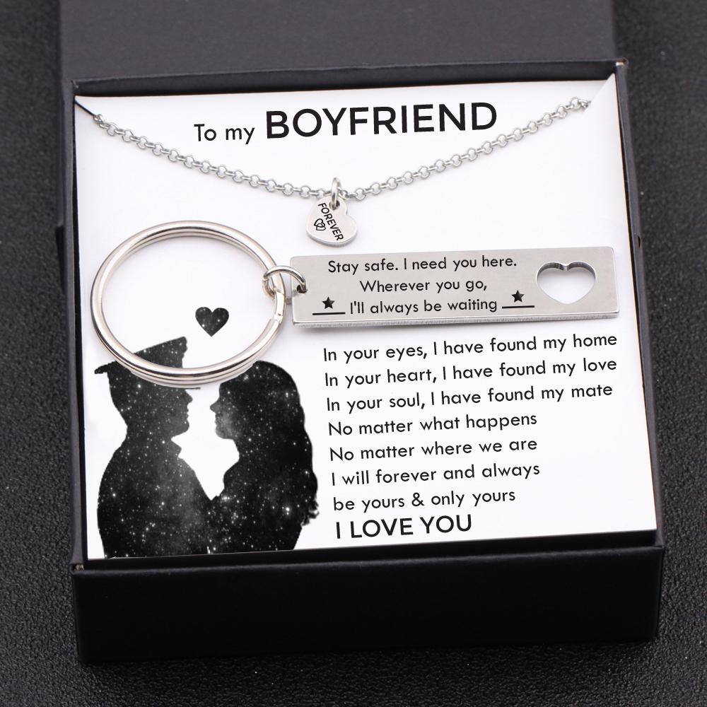 Heart Necklace & Keychain Gift Set - To My Boyfriend - Wherever You Go, I'll Always Be Waiting - Gnc12007