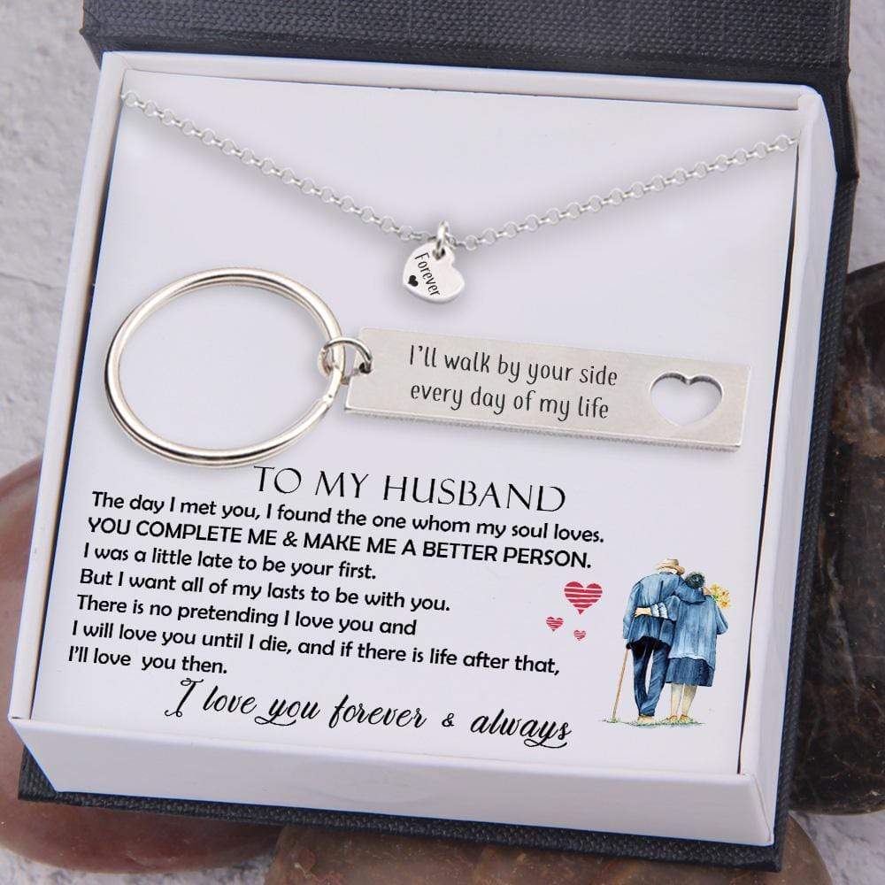 Heart Necklace & Keychain Gift Set - To My Husband, I'll Walk By Your Side Every Day Of My Life - Gnc14003