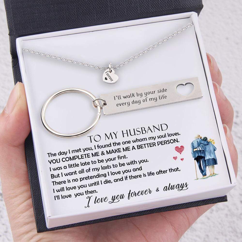 Heart Necklace & Keychain Gift Set - To My Husband, I'll Walk By Your Side Every Day Of My Life - Gnc14003