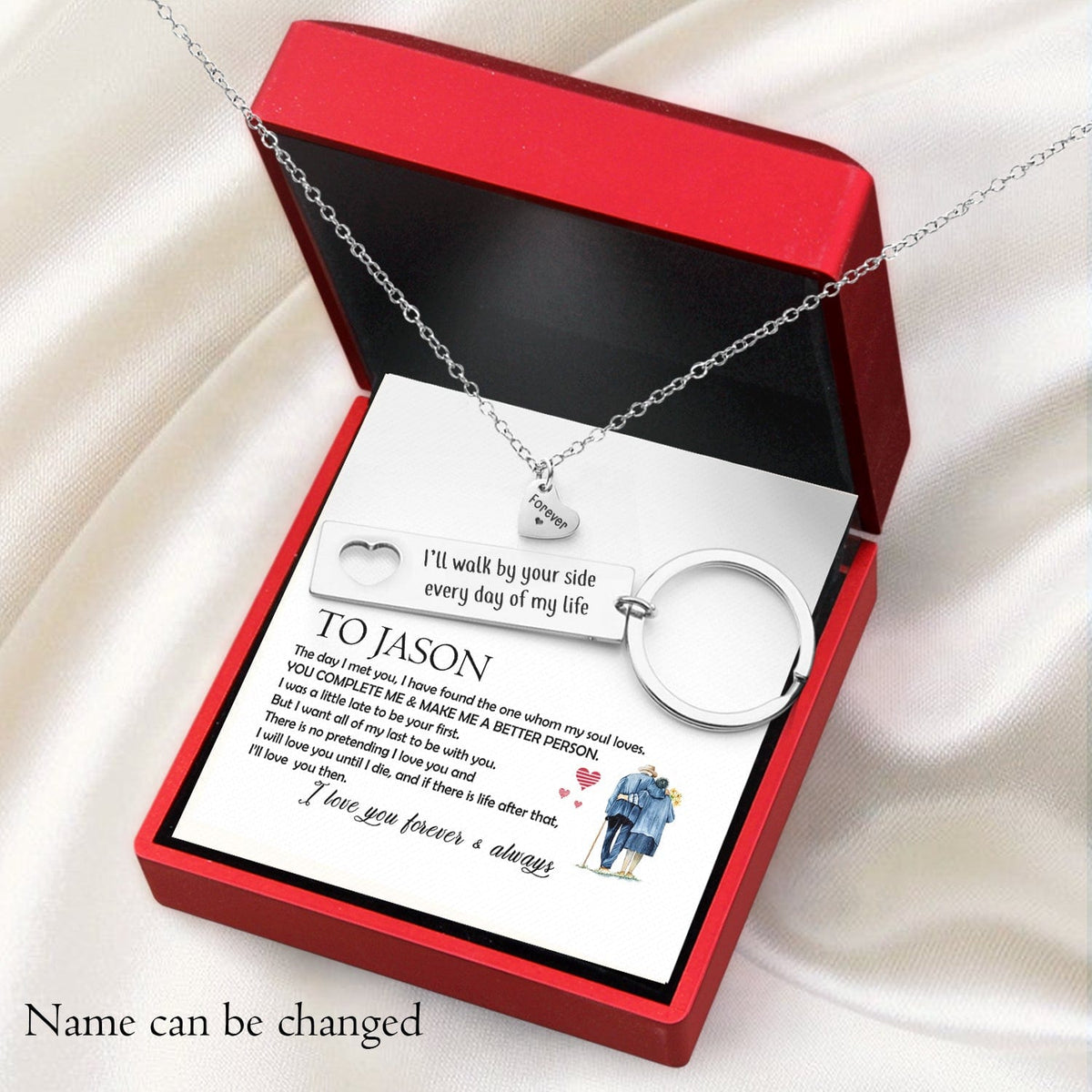 Heart Necklace & Keychain Gift Set - To My Husband, I'll Walk By Your Side Every Day Of My Life - Gnc14003