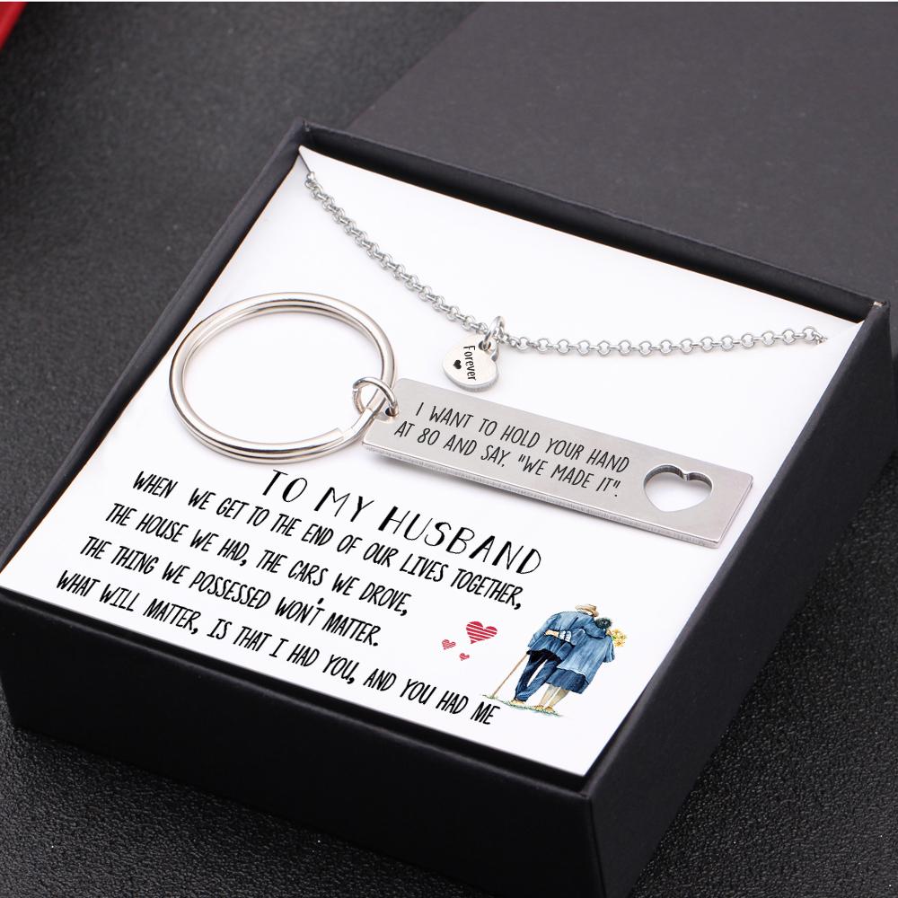 Heart Necklace & Keychain Gift Set - To My Husband, I Want To Hold Your Hand At 80 - Gnc14005