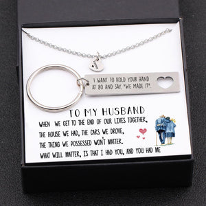 Heart Necklace & Keychain Gift Set - To My Husband, I Want To Hold Your Hand At 80 - Gnc14005