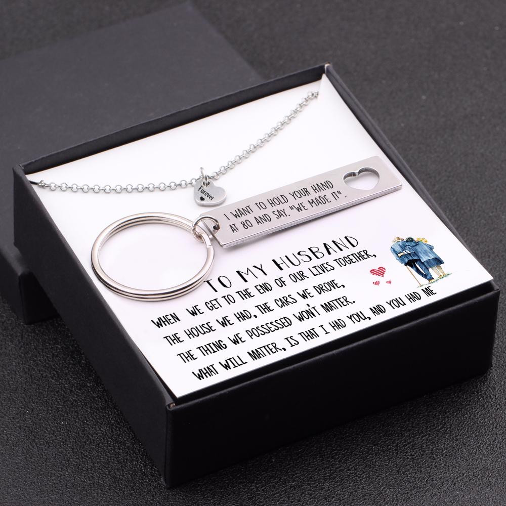 Heart Necklace & Keychain Gift Set - To My Husband, I Want To Hold Your Hand At 80 - Gnc14005