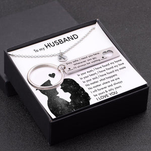 Heart Necklace & Keychain Gift Set - To My Husband - Wherever You Go, I'll Always Be Waiting - Gnc14018
