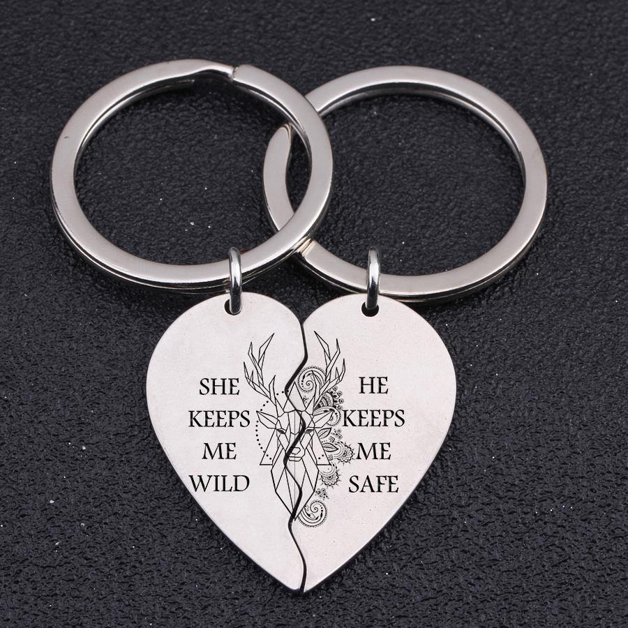 Heart Puzzle Keychain - Hunting Lovers - She Keeps Me Wild - He Keeps Me Safe - Gkf14006