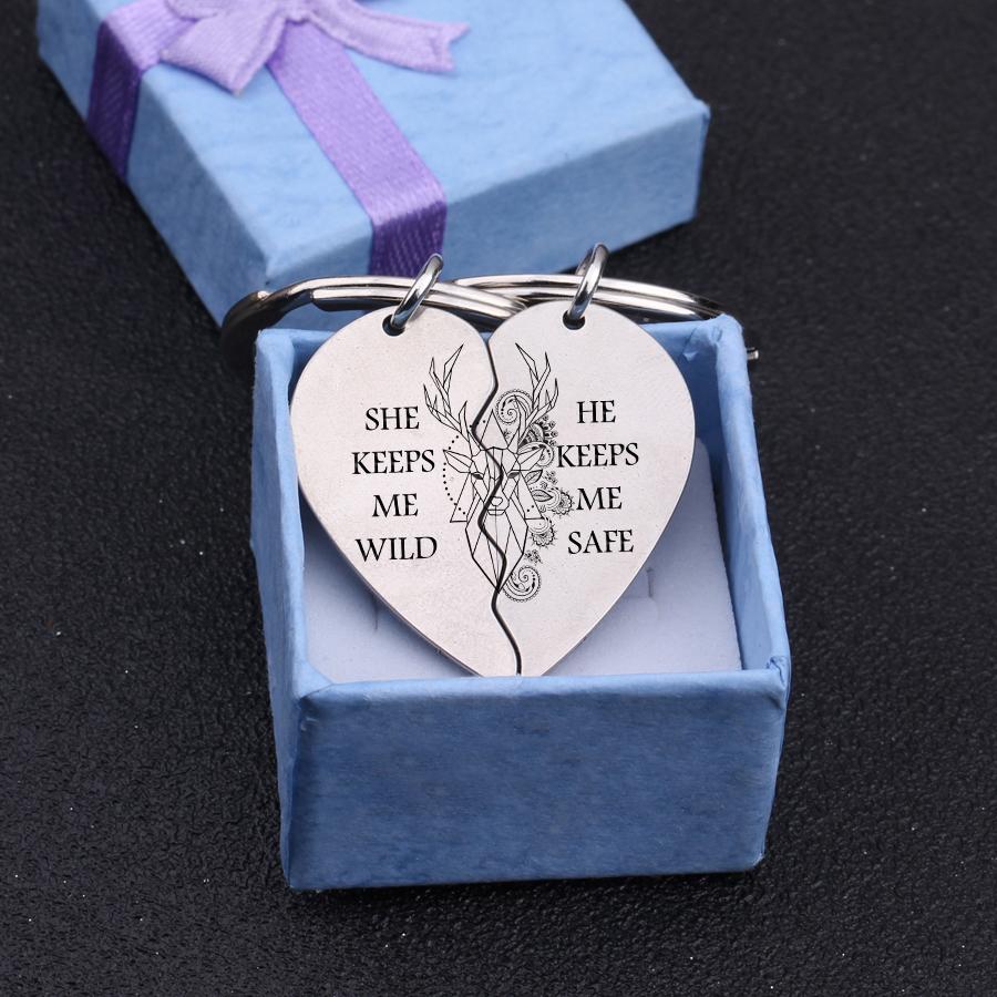 Heart Puzzle Keychain - Hunting Lovers - She Keeps Me Wild - He Keeps Me Safe - Gkf14006