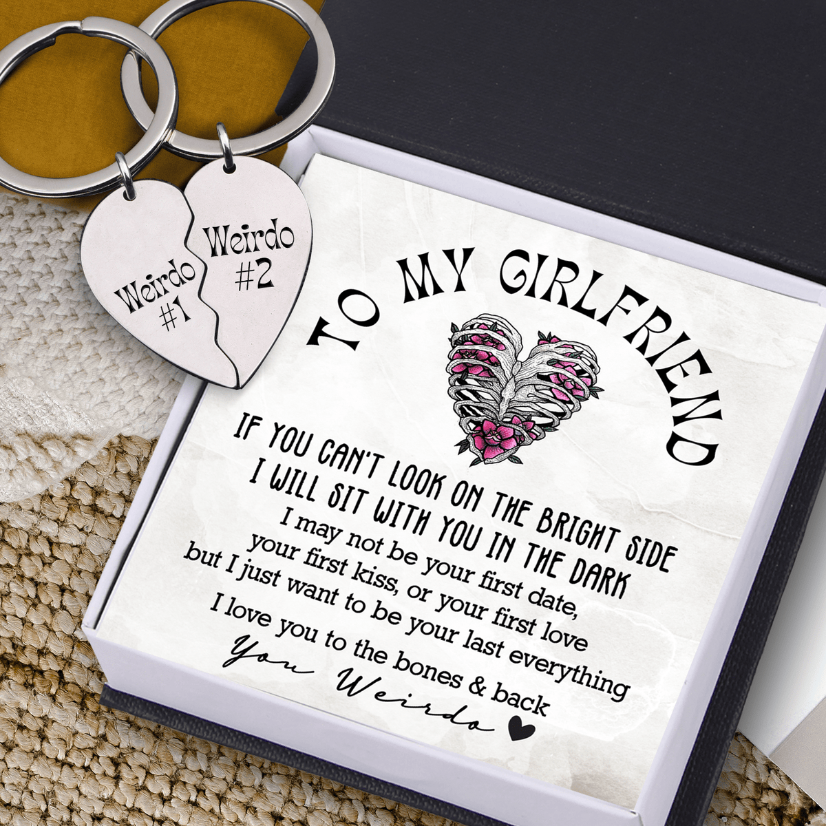 Heart Puzzle Keychain - Skull - To My Girlfriend - I Love You To The Bones & Back - Gkf13002