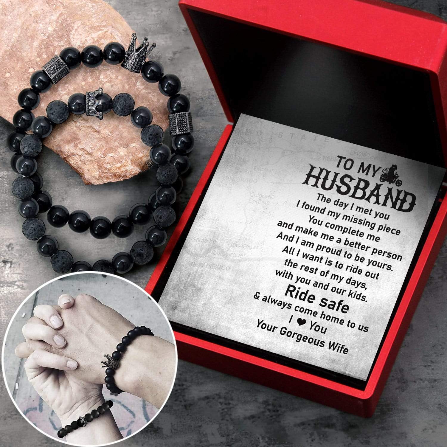 POSHFEEL Distance Bracelets For Couples - 8mm Natural Stone Beads, Stretch Bracelet Set, Black Agate & Amethyst, 7.5"
