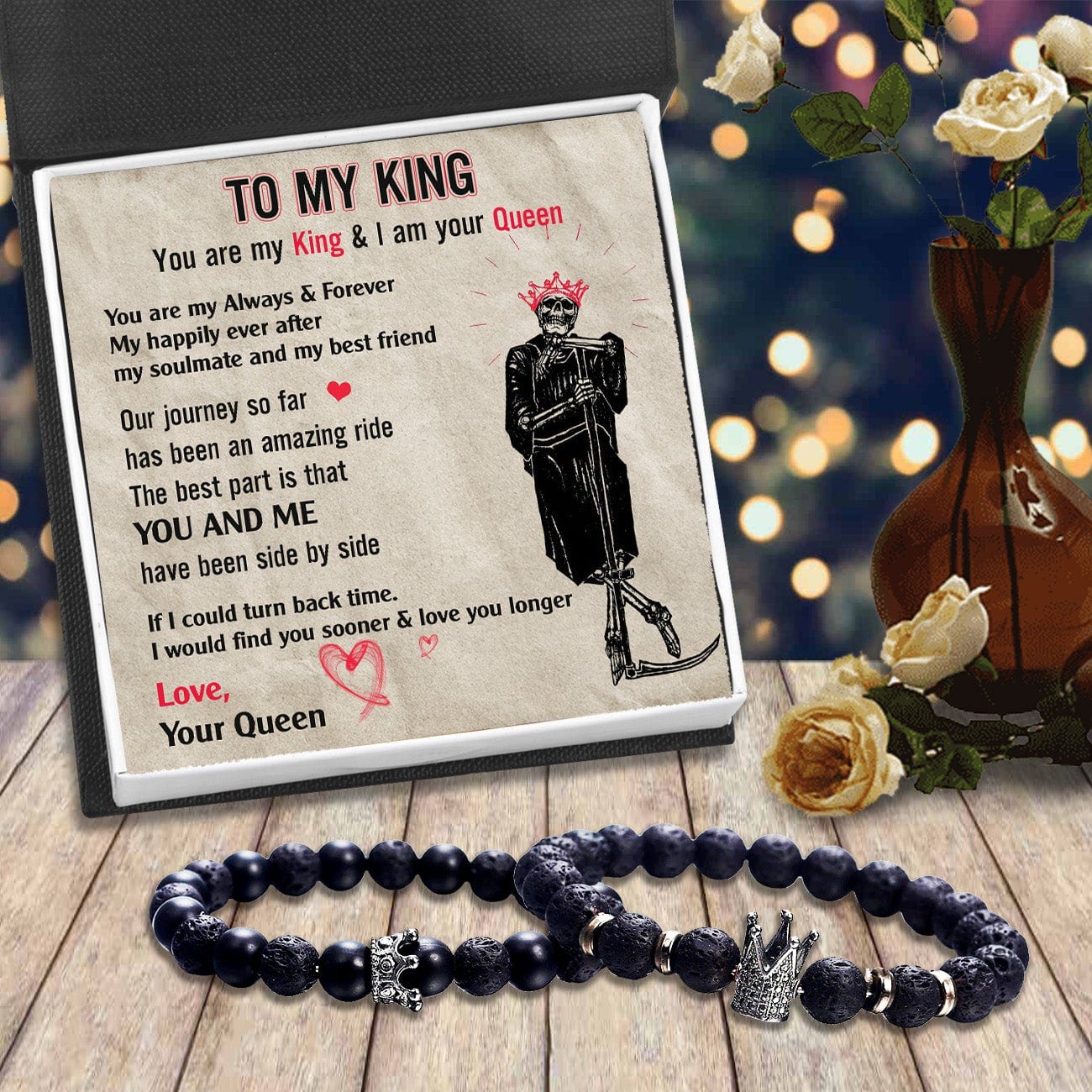 King & Queen Couple Bracelets - Skull - To My Man - Love, Your Queen - Gbae26014