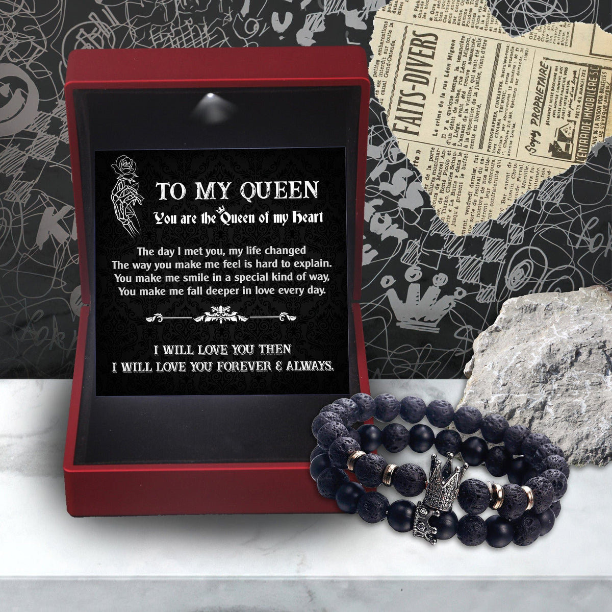 King & Queen Couple Bracelets - Skull - To My Queen - I Will Love You Forever & Always - Gbae13007