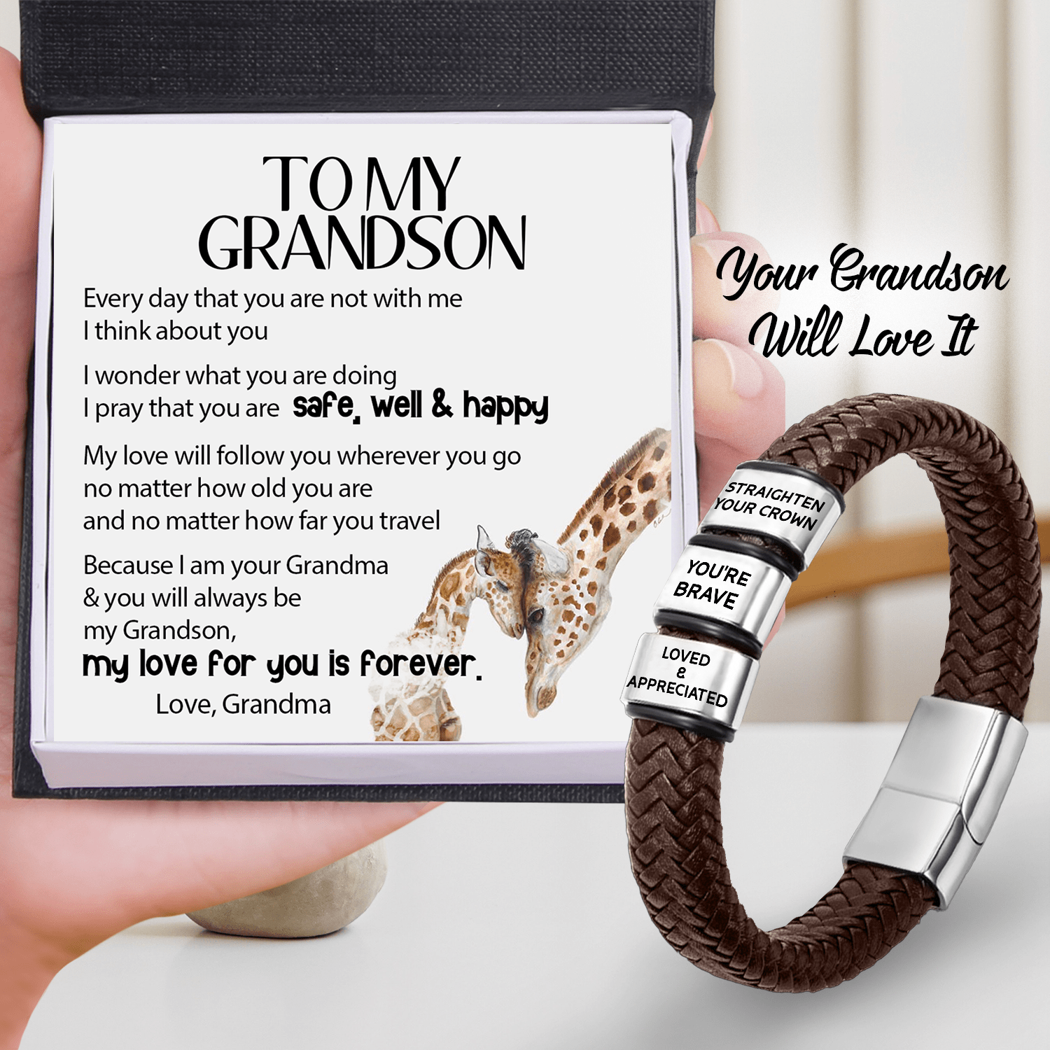 Leather Bracelet - Family - To My Grandson - I Pray That You Are Safe, Well & Happy - Gbzl22046