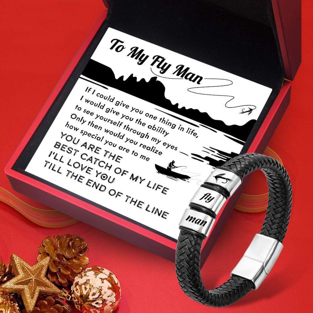 Leather Bracelet - Fishing - to My Fly Man - You Are The Best Catch of My Life - Gbzl26002 Black / XL:23.4CM(9.2INCH) / LED Light Box +$15