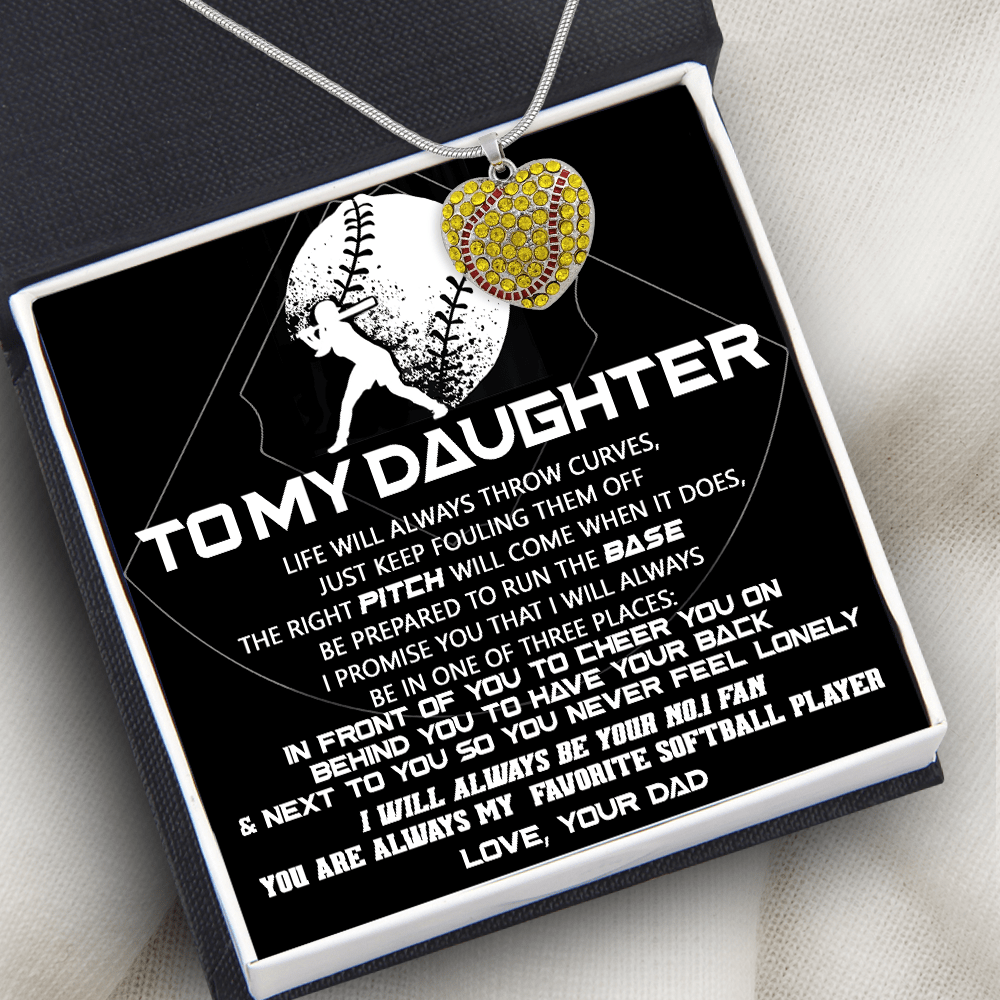 New Softball Heart Necklace - To My Daughter - From Dad - Life Will Always Throw Curves, Just Keep Fouling Them Off - Gnep17010