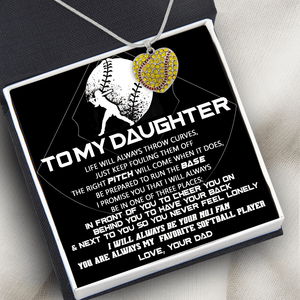 New Softball Heart Necklace - To My Daughter - From Dad - Life Will Always Throw Curves, Just Keep Fouling Them Off - Gnep17010