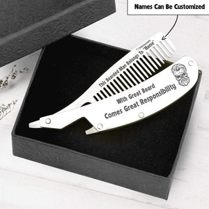 Personalized Folding Comb - Skull & Tattoo - To My Husband - With Great Beard Comes Great Responsibility - Gec14008