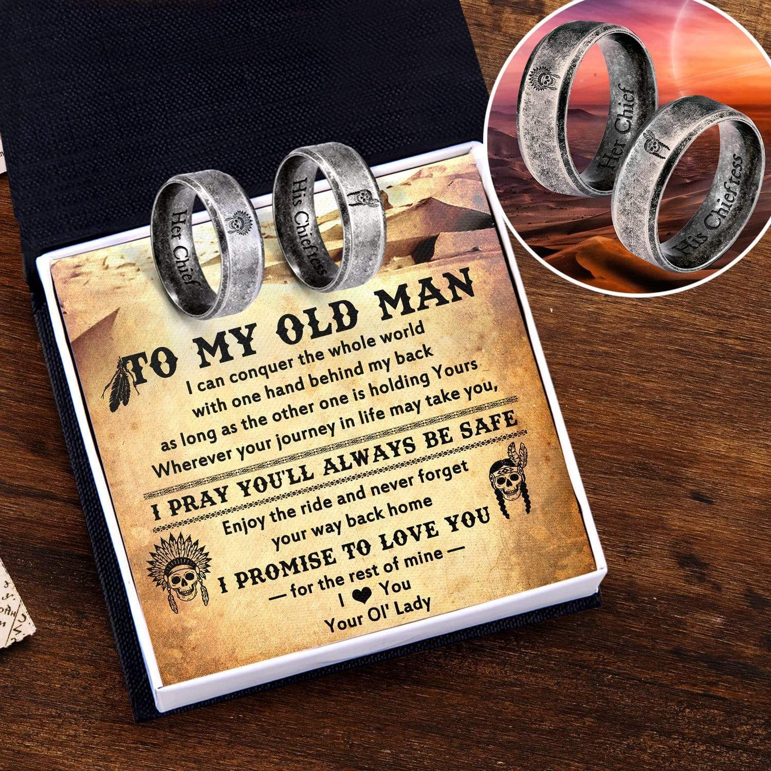 Steel Couple Ring - Native American - To My Old Man - I Promise To Love You - Grld26003