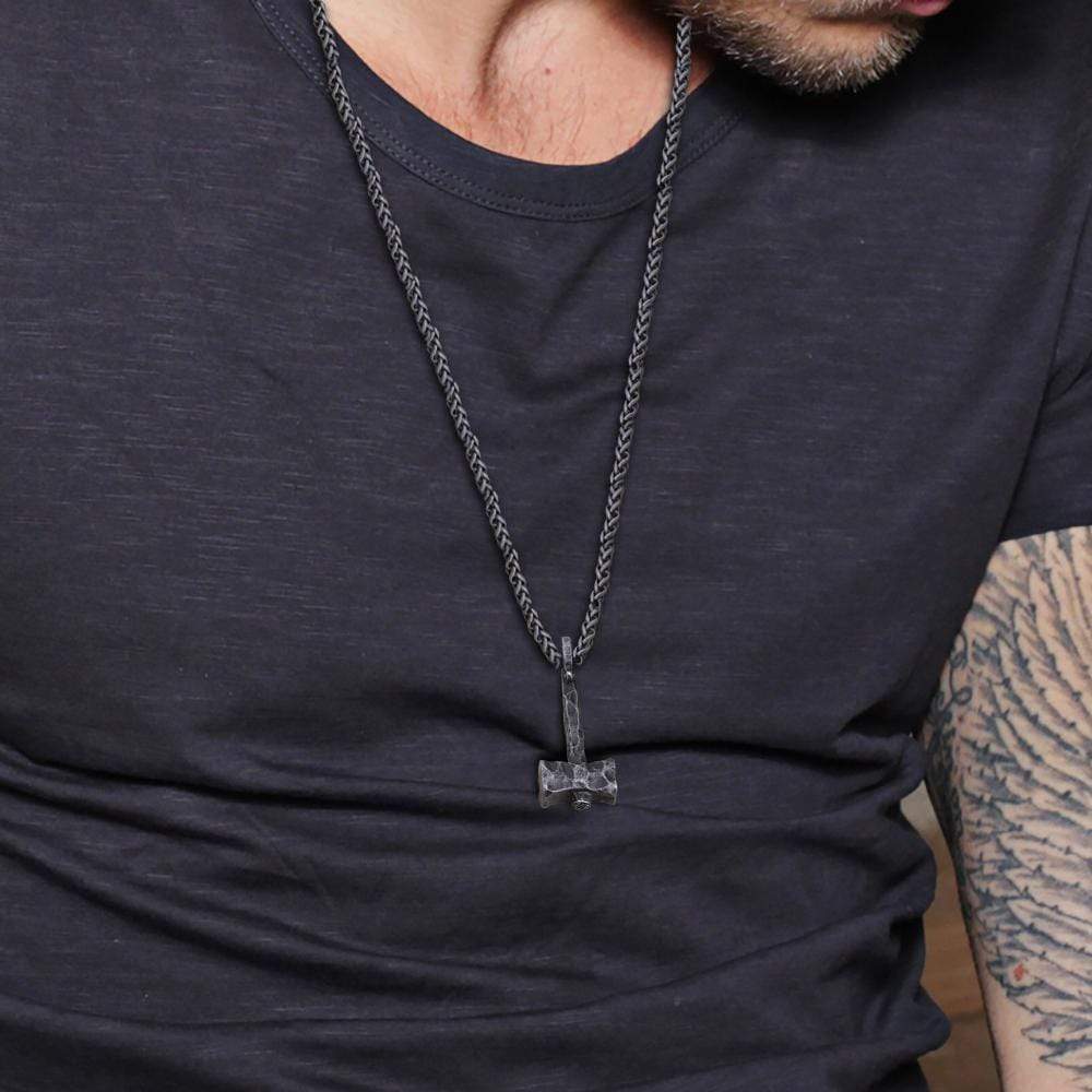 Silver hammer necklace for men, black cord, gift for him