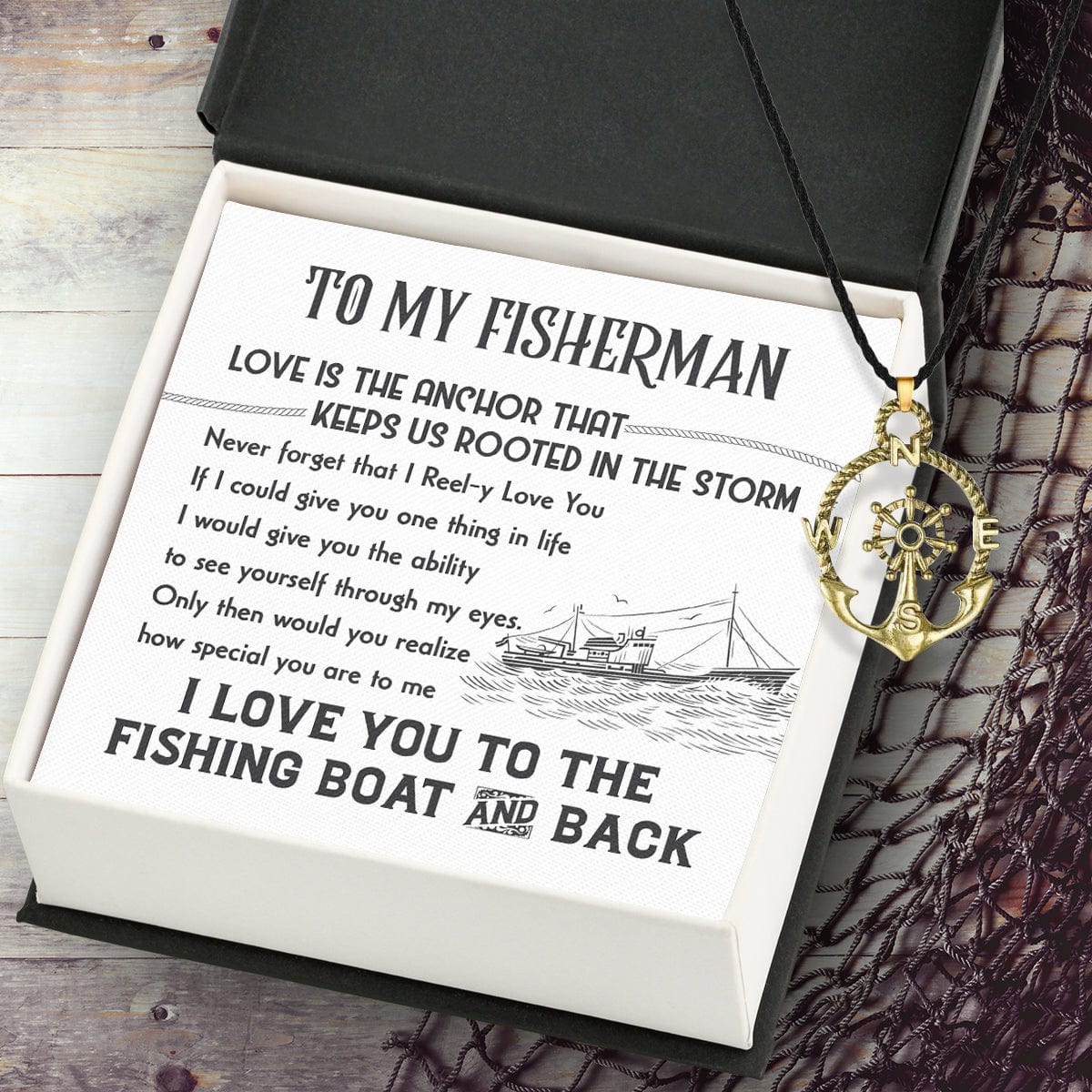 Vintage Anchor Compass Necklace - Fishing - To My Fisherman - I Love You To The Fishing Boat & Back - Gnfx26006
