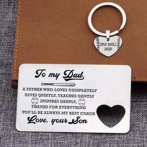 Wallet Card Insert And Heart Keychain Set - Baseball - To My Dad - From Son - Gives Quietly, Teaches Gently - Gcb18007