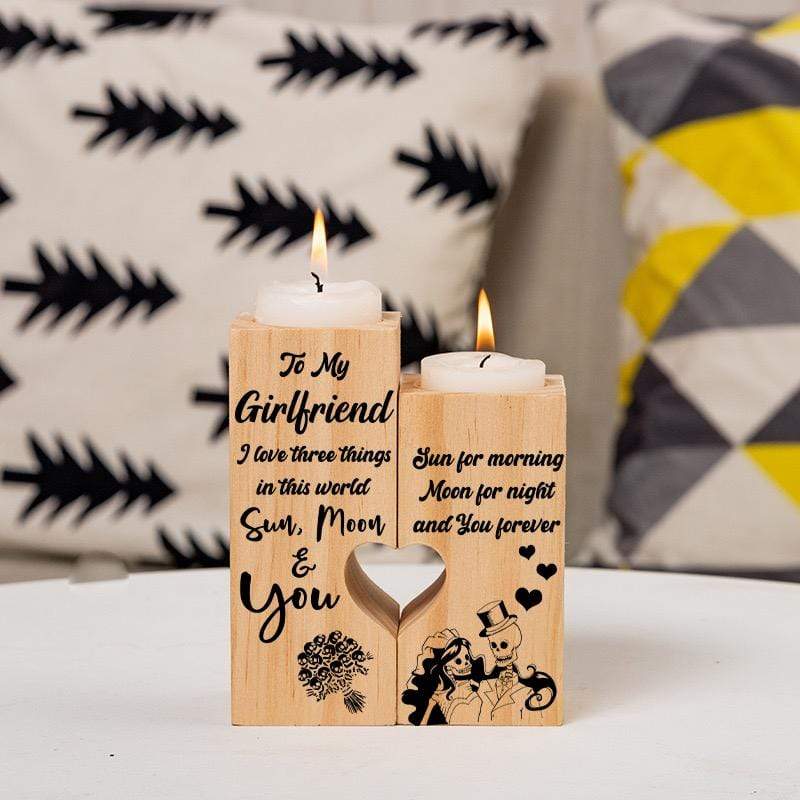 Wooden Heart Candle Holder - My Girlfriend - I Love Three Things In This World Sun, Moon & You  - Ghb13011